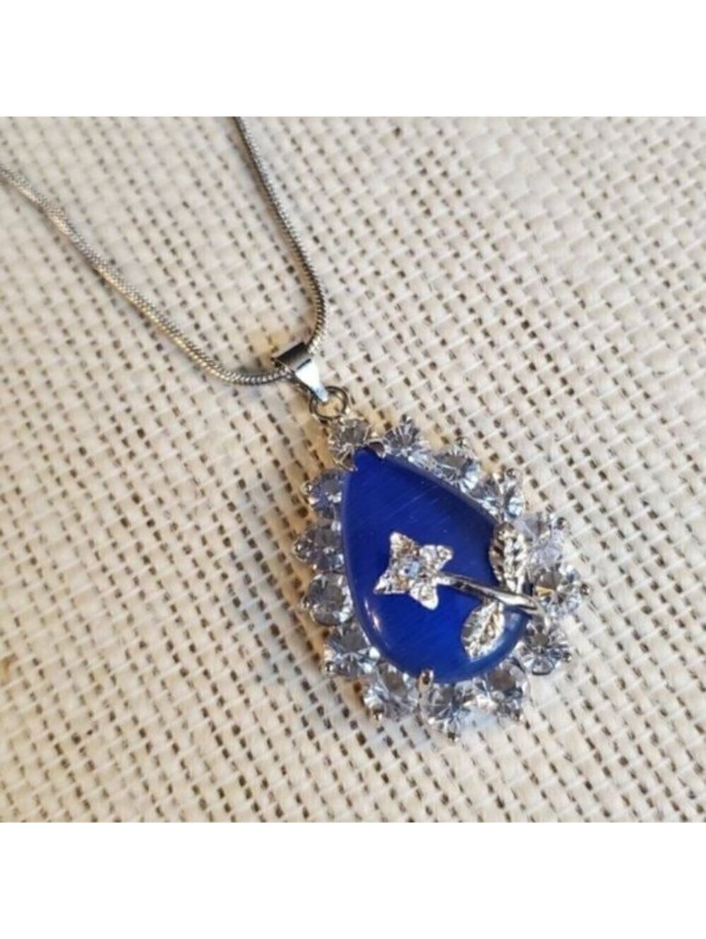 Glass CZ Teardrop Pendant Necklace Blue